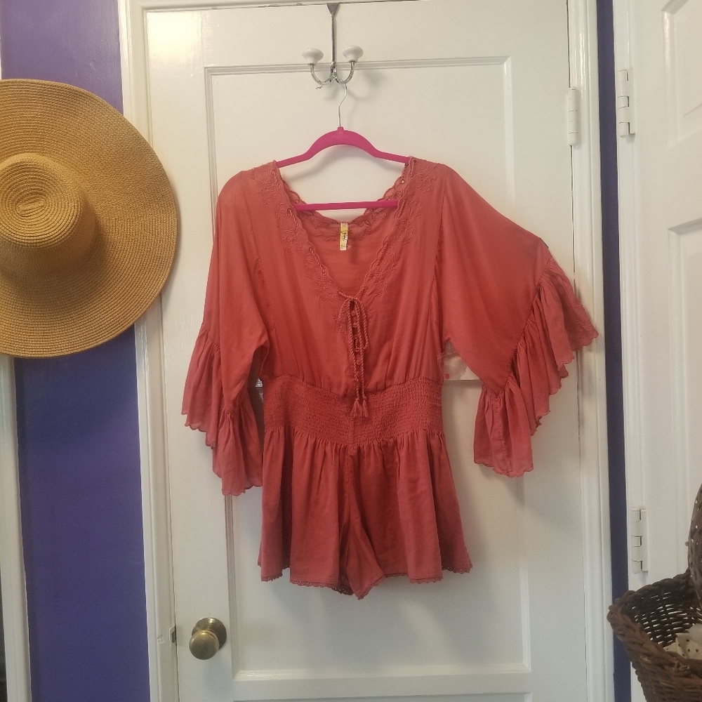 RARE Free People rust embroidered ruffles romper